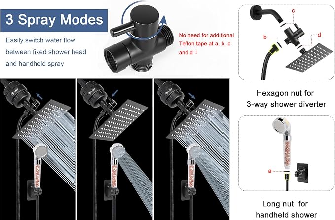 Filter Shower Head, High Pressure 8 Inch Rainfull with Filter Combo for Hard Water, Remove Chlorine Fluoride and Harmful Substances- 1 Replaceable Filter Cartridge (Square, Matte Black)