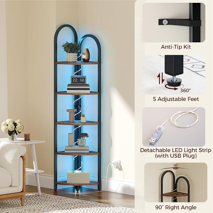 MAHANCRIS 5-Tier Corner Shelf with LED Light, 64.6'' Tall Corner Bookshelf, Narrow Storage Shelf with Metal Frame, for Living Room, Bedroom, Small Spaces, Rustic Brown and Black CSHR55101