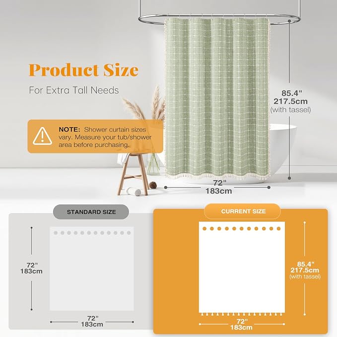 Long Boho Farmhouse Linen Heavy Duty Shower Curtain, 72x84, Sage Green | Tall Size, 330GSM Linen Blend, 3-side Tassels, Water Repellent Fabric, 12 Plastic Hooks, Rustic Bohemian, Machine Washable