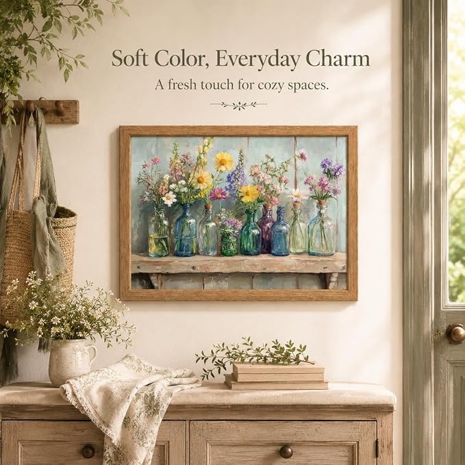 Wood Framed Farmhouse Plants Flowers Wall Art Wildflowers Colorful Glass Bottles Wall Decor Rustic Wildflower Poster Print Artwork for Bathroom Living Room Bedroom Study Room Home Decoration
