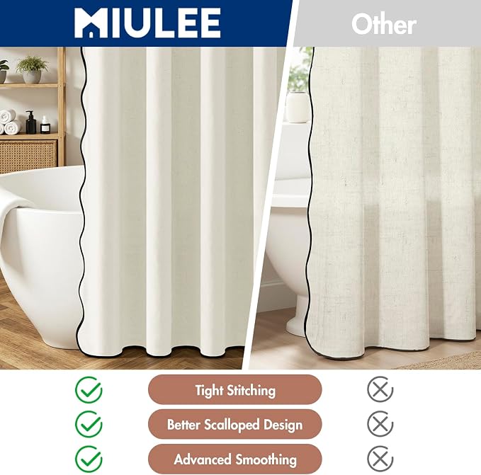 MIULEE White Scalloped Linen Shower Curtain 72W x 72L | 12 metal hooks, Linen scalloped, waterproof washable, thick heavy cloth, black border, boho farmhouse, bathroom hotel use