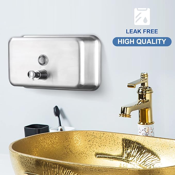 Commercial Soap Dispenser Wall Mount Stainless Steel, Horizontal | Rust-Proof Lining and Anti-Leak Pump Liquid Hand 1100ml / 37oz.