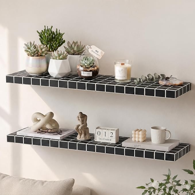 Large Floating Shelves, Set of 2, Modern, Black with White Lines | 35.4"W x 9.4"D x 1.5"H, set of 2, 40 lbs each, 3D tile texture, bathroom & living room, splash-resistant, ~30 min assembly.