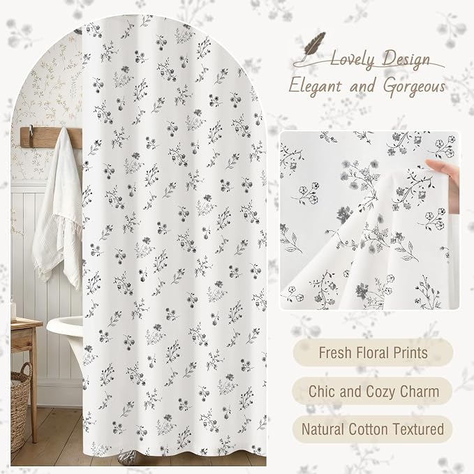 Black Floral Farmhouse Vintage Cotton Shower Curtain, French Country Shower Curtains for Bathroom, 72Wx72H
