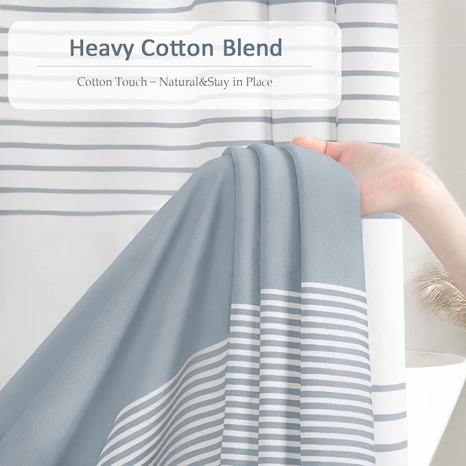 Blue Coastal Ocean Cotton Striped Shower Curtain with Tassel 72"W X 84"L | Extra Long Boho Farmhouse Shower Curtains for Bathroom with Soft Cotton Feel