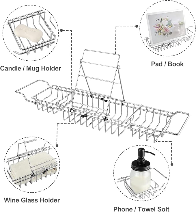HOMEE Stainless Steel Shower Caddy Tray with Removable Book Holder Silver | European Style Extendable Rectangular Bathroom Tray for Shower Bath Phone IPad Book Holder Candleholder Table Shelf