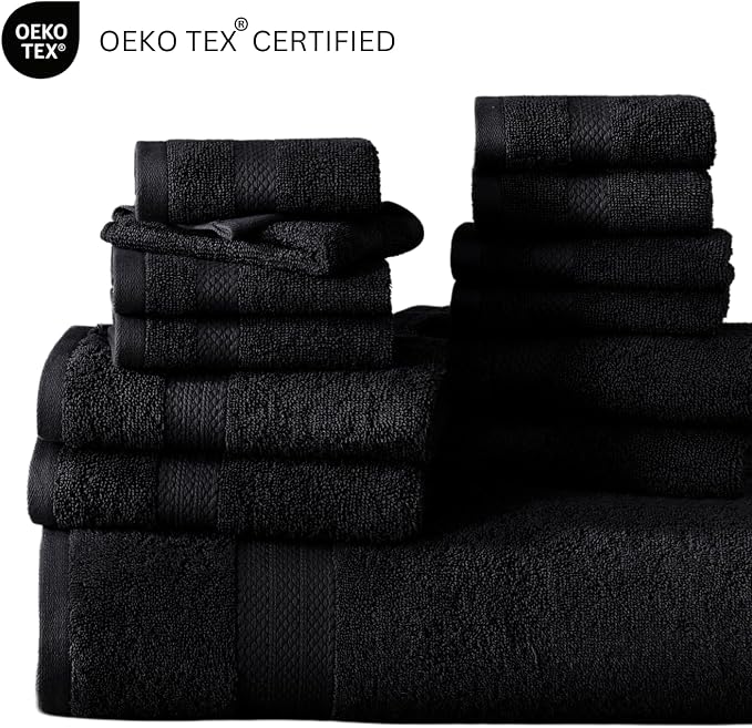 LANE LINEN Bath Towel Set Quick Dry 100% Cotton 18 Piece Soft - Black | Cotton Bath Towels - Classic Terry Weave, Densely Woven & Durable, Easy-Care, Coordinated Colors