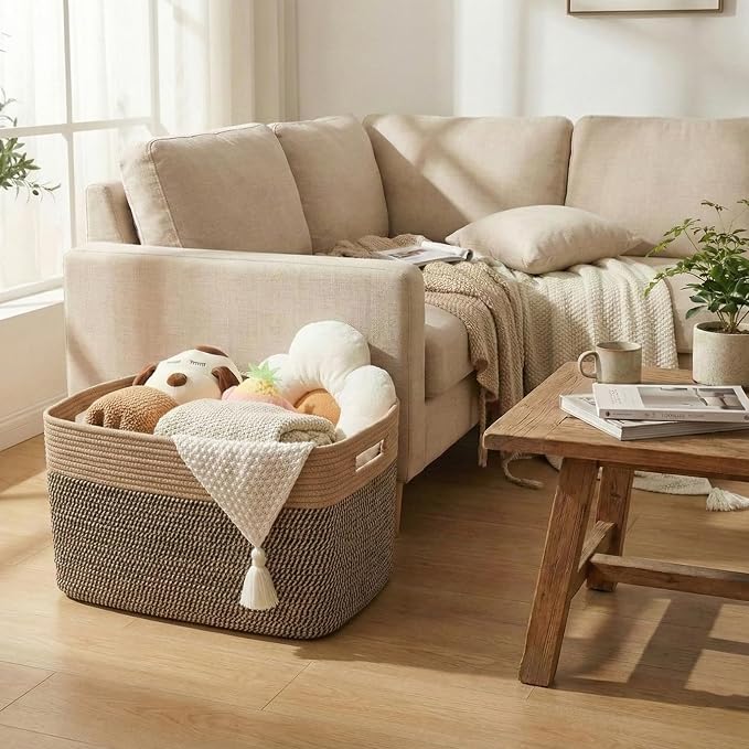 JMvicyroam 65L Large Woven Cotton Rope Blanket Basket, Jute&Black | Blanket storage for living room or bedroom use, Freestanding with reinforced handles, Entire basket is machine washable