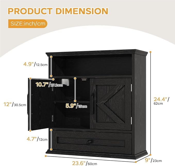 Bathroom Wall Cabinet, Wall Mounted Medicine Cabinet 24.4"H x 23.6"W x 9"D | With Drawer, Barn Doors & Adjustable Shelf, Black Over Toilet Farmhouse Storage Cabinet for Kitchen, Laundry Room, Entryway