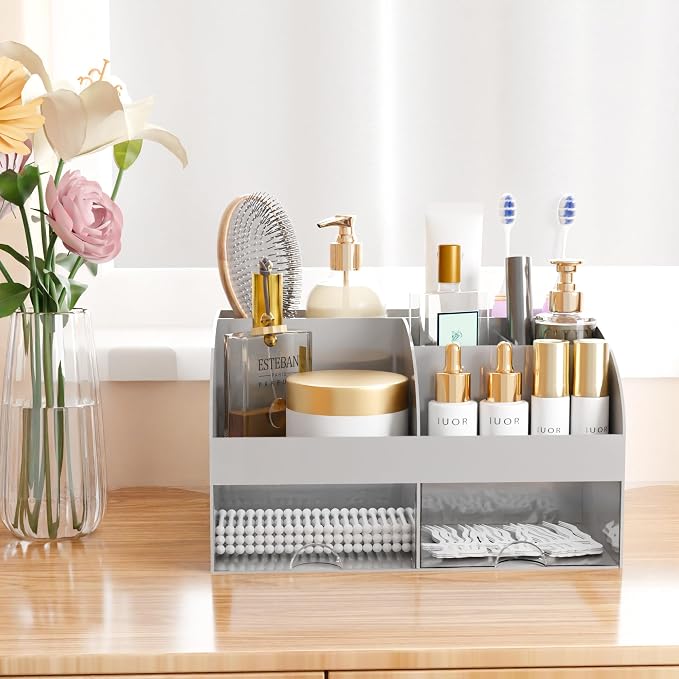 Makeup Organizer with Drawers, Cosmetic Storage for Dresser Vanity and Bathroom Countertop, Beauty Holder for Lipstick Brush, Skincare Organizer for Vanity, Cosmetic Display Case (Grey)