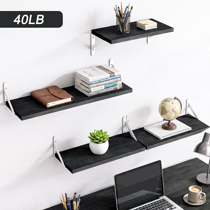 YGEOMER 4 Different Sizes Floating Shelves for Wall Decor, Black and White | Rustic wood shelves in mixed sizes for flexible combined storage. Fits bathroom, kitchen, living room, bedroom and office.