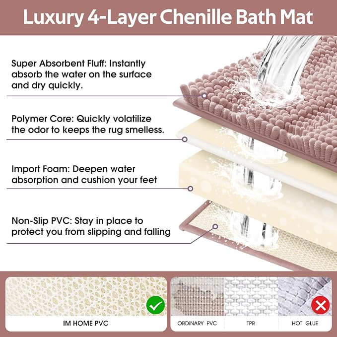 Striped Dusty Pink Toilet Bathroom Rug Mat Set 2 piece Rug Ultra Soft, Non Slip Chenille Bath Rugs, Absorbent Plush Shaggy Bath Mats for Bathroom, Bedroom, Kitchen, Shower, Tub