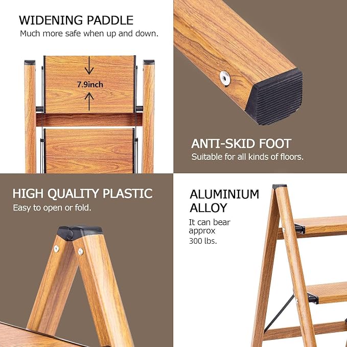 3 Step Ladder, Lightweight Folding Step Stool, Woodgrain | Anti-Slip 7.9'' Wide Pedal;Space-Saving;For Kitchen, Home, Library, Office Use;300lbs Capacity