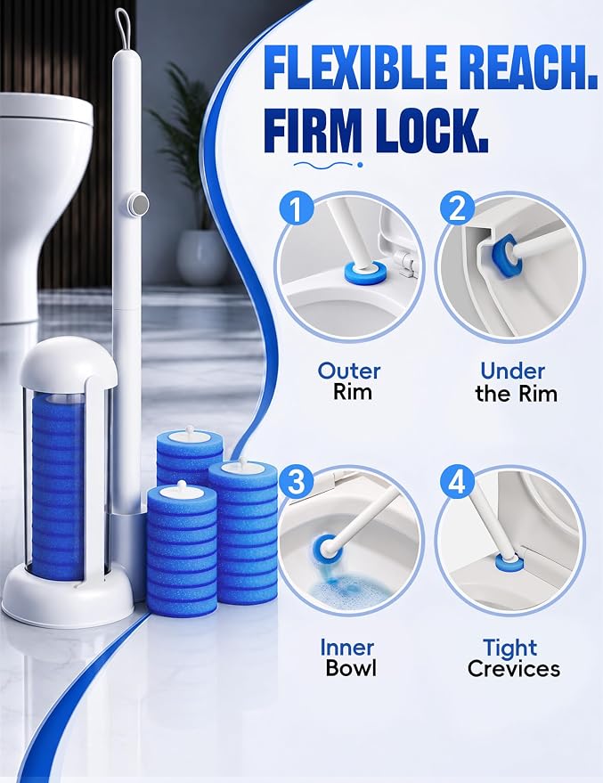 Toilet Brush Kit, Disposable Toilet Bowl Cleaner Brush with Blue Replacement Heads, Press-Button Wand and Self-Closing Freestanding Holder (Toilet Brush + 35 Refills)