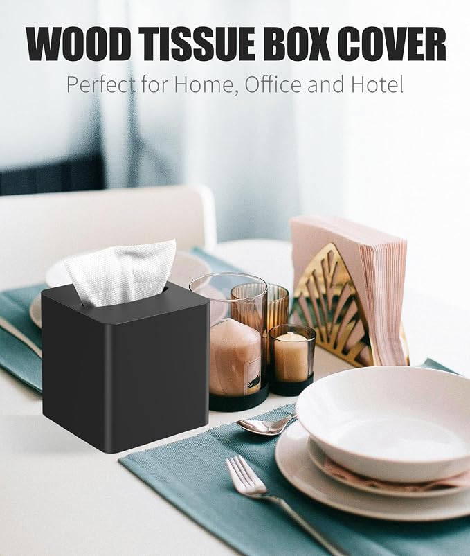Livelab Tissue Box Cover Square - Oak Wood Tissue Box Holder for Living Room, Dinner Table, Bathroom, Office - Decorative Wooden Cube Facial Tissue Cover for Modern Farmhouse Home Decor | Black