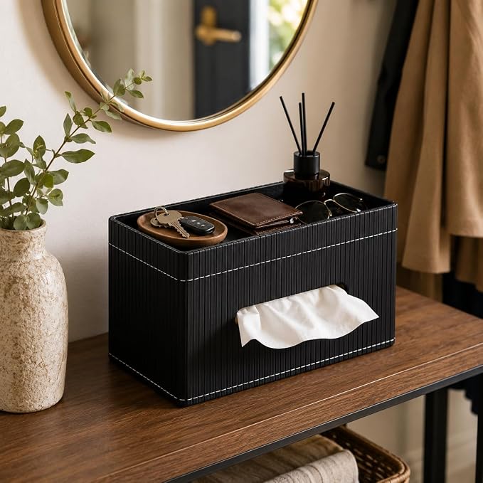 Ribbed PU Leather Tissue Box Cover with Storage Tray, Rectangular Facial Tissue Holder for Bathroom Vanity, Nightstand & Office Desk, Modern Decorative Tissue Dispenser (Matte Black)