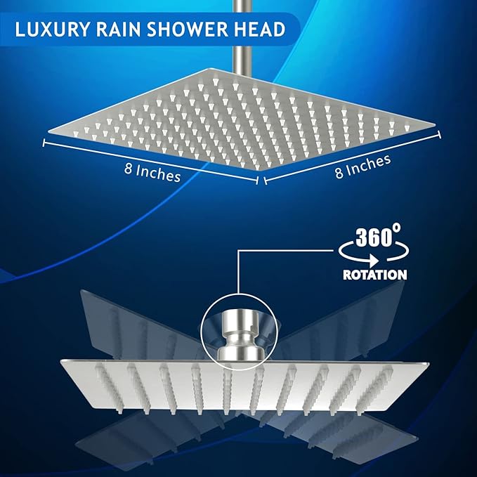 Voolan Rain Shower head, High Pressure Shower Head Made of 304 Stainless Steel, Relaxed Shower Experience Even at Low Water Flow and Pressure (8" Brushed Nickel)