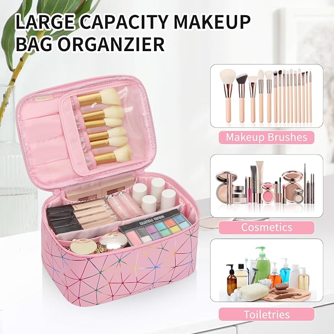 Makeup Bag - Portable Large Capacity Travel Cosmetic Case for Women with Handle and Divider Toiletry Organizer for Girls on the Go -Geometric Pink