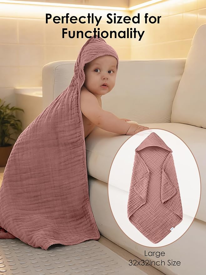 Muslin Hooded Baby Bath Towels - 3 Pack 100% Cotton Ultra-Soft Towels for Newborns, Infants, Toddlers - 32x32 Inch - Highly Absorbent, Quick-Dry Essentials for Bath, Beach, Pool, Bean Paste Series