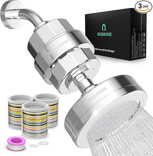SR SUN RISE Filtered Shower Head with 3 Replaceable Filter Cartridges, 20+3 Stage Shower Filter Head for Hard Water, High Pressure Shower Head with Filters Removes Chlorine, Harmful Substances