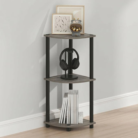 Furinno Turn-N-Tube Toolless Assembly 3-Tier Storage Shelves, French Oak | Grey Corner Shelf, Open Storage Book Shelf, for Organization and Storage, Living Room, Home Office, Bedroom
