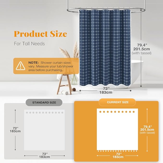 72x78 Boho Farmhouse Linen Heavy Duty Fabric Shower Curtain, Navy Blue | Long Size, 330GSM Linen Blend, 3-side Tassels, Water Repellent Cloth, 12 Plastic Hooks, Rustic Bohemian, Machine Washable