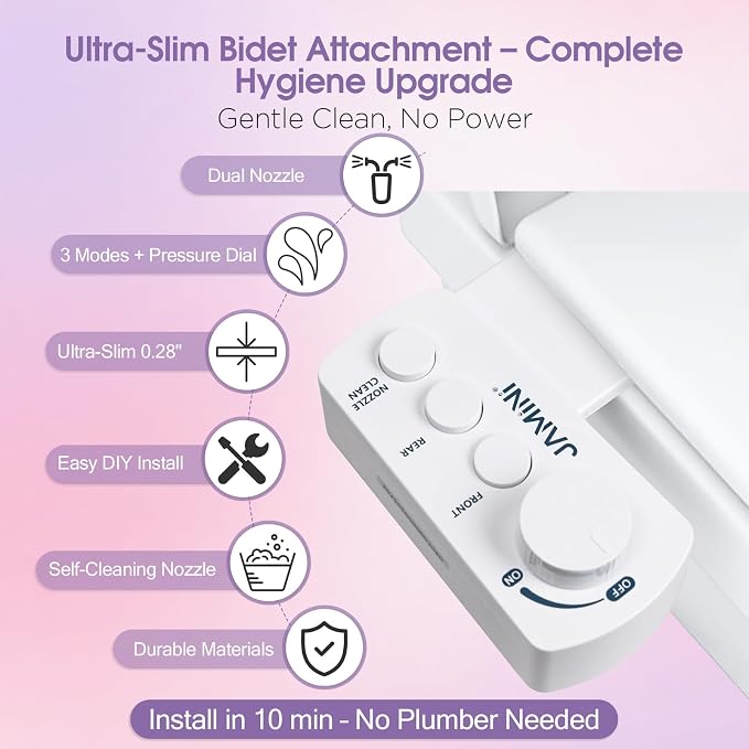 Jamini Ultra-Slim Detachable Bidet Attachment for Toilet – Non-Electric Cold Water, Self-Retraction Dual Nozzles, Step-less Pressure Dial, Dedicated Cleaning Mode, CA65 Certified