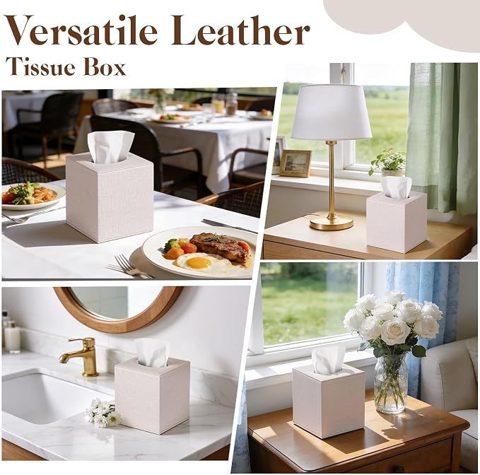 VZZNN 2 Pack Tissue Box Cover Square - Modern Cube Tissue Holder with Magnetic Base, Decorative Tissue Organizer for Bathroom Vanity, Dresser, Countertop, Bedroom, Office, and Car, Beige