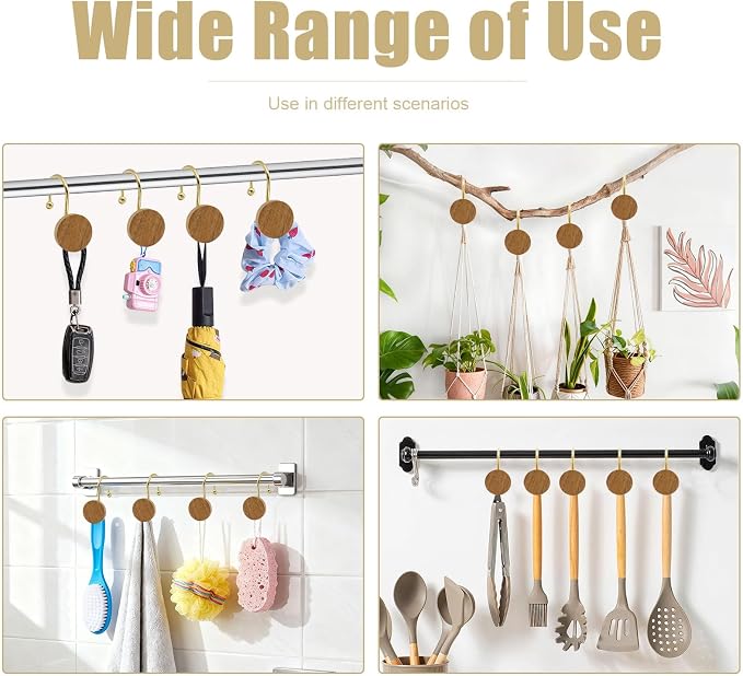 Shower Curtain Hooks, Wood Decorative Shower Curtain Rings, Modern Round Log Shower Curtain Hangers, 12PCS Metal Shower Hooks for Shower Curtain Rod, Bathroom, Bedroom, Living Room (Gold)