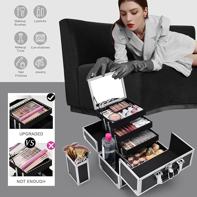 Joligrace 3-Tray Makeup Case with Mirror & Brush Holder, 11.6" Shine Black | Travel-ready makeup train case with lots of storage capacity. Home makeup box organizer holds cosmetics neatly and clean.