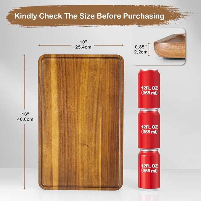 16 Inch Acacia Wood Serving Tray, Rectangular Wooden Decorative Tray for Food, Appetizers, Snacks, Desserts, Coffee Table, Bathroom, Entryway, Vanity, Home Decor Organizer