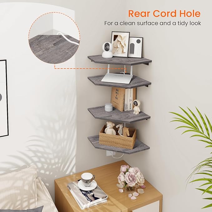 Corner Shelf Wall Mount, Set of 4 Corner Floating Shelves with Cord Hole, Wall Shelf Organizer, Wood Hanging Storage Shelving for Bathroom Bedroom Kitchen, Rustic Grey
