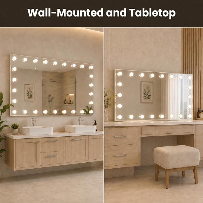WTTY 96"x36" Hollywood Vanity Mirror with Lights | Wall Mounted Makeup Mirror, 3 Color Temperatures, Stepless Dimmable Bulbs, Anti-fog, Tempered Glass, Shadow-free