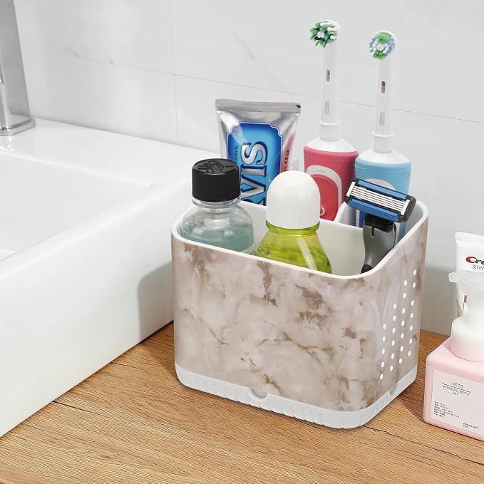 Toothbrush Holders, Toothbrush and Toothpaste Holder (White Marble) | EasyTo Clean, Drainage, Removable, Non-Slip, 4 Slots Tooth Brush Holder for Bathroom Countertop Organizer
