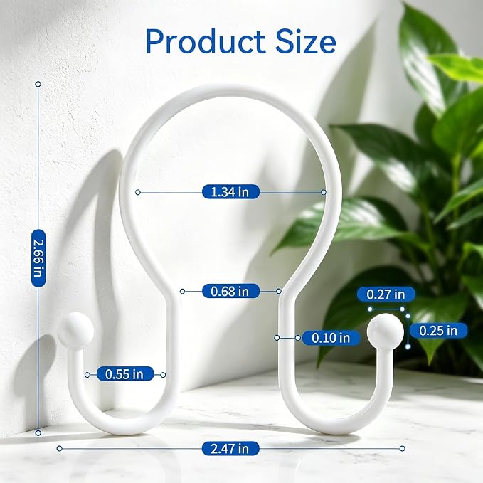 OEH Shower Curtain Hooks, 12 Pcs Minimalist Shower Curtain Rings, Metal Shower Curtain Hangers, Double Hook Shower Curtain Hooks Rust Proof, Glide Smoothly Shower Hooks for Shower Curtain Rod, White