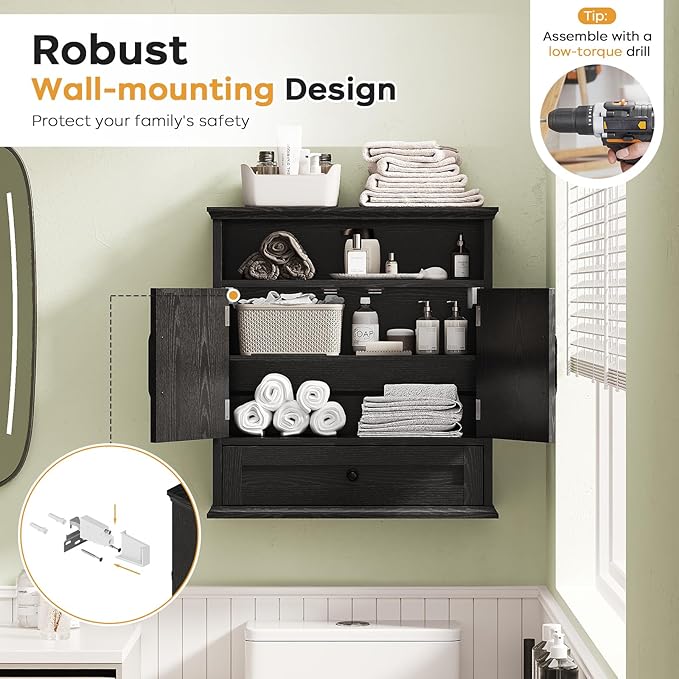 Bathroom Wall Cabinet, Wall Mounted Medicine Cabinet 24.4"H x 23.6"W x 9"D | With Drawer, Barn Doors & Adjustable Shelf, Black Over Toilet Farmhouse Storage Cabinet for Kitchen, Laundry Room, Entryway