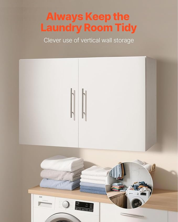 VEVOR Laundry Room Wall Cabinet, 2-Tier Wall Mounted Hanging Cabinet with Adjustable Shelf, 36 in Cupboard Storage with 2 Doors, for Kitchen, Bathroom, Laundry, 16 x 36 x 24 in (D x W x H), White