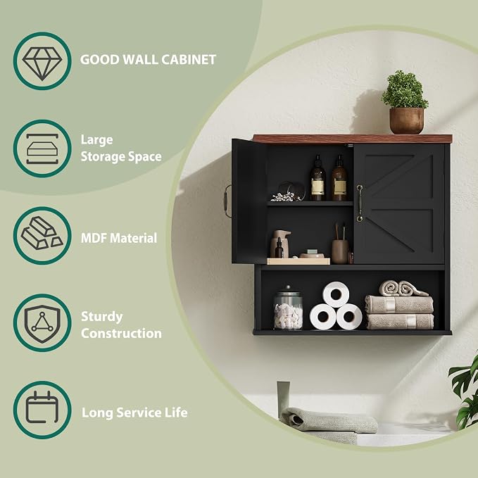 Smuxee Farmhouse Bathroom Cabinet Wall Mounted, Black Medicine Cabinet with Adjustable Shelf, Bathroom Cabinet for Living Room, Laundry Room