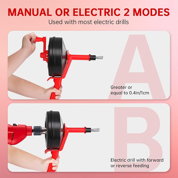 25 Feet Drain Snake Auger SEVVETROOL Plumbing Snake Drain Hair Clog Removal Tool | Plumbing Snake Clog Remover with Glove for Shower,Bathtub,Sink,Kitchen,Sewer(7.5M/25ft,Red)