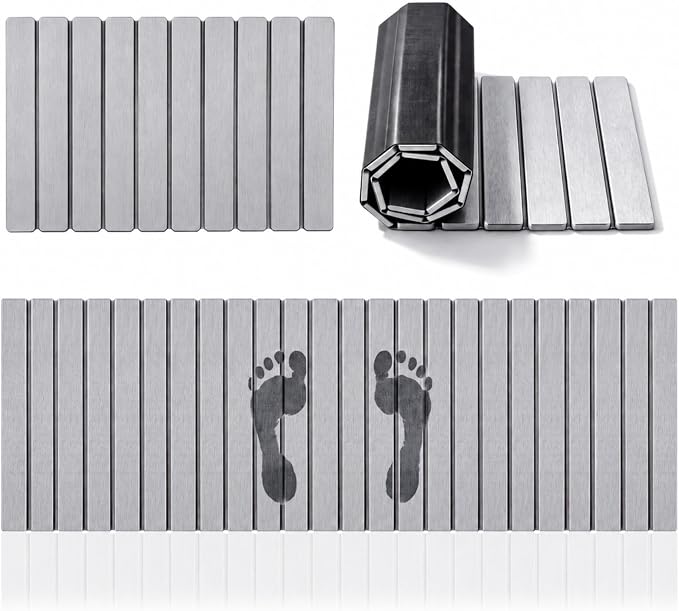 2 Pack Extra Large Foldable Stone Bath Mats Set, 47"x15.4" and 23.6"x15.4" Diatomaceous Earth Bath Mat with Non Slip Rubber Base Quick Dry Bathroom Shower Mat Light Grey for Bathroom