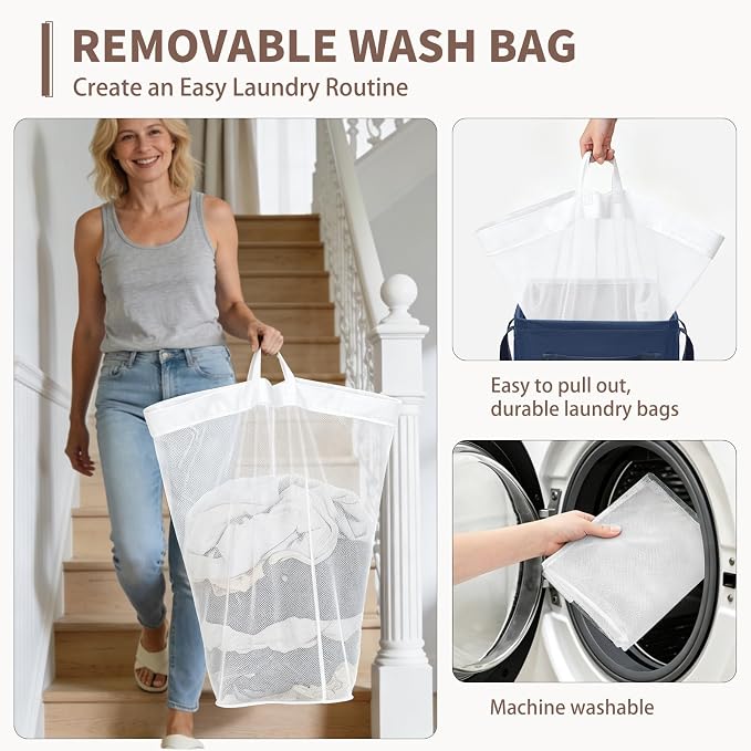 CHICVITA 75L Laundry Basket with Wheels for Dirty Clothes, Blue | College dorm essentials, smooth rolling wheels. Clothes hamper for living room, bedroom, laundry room