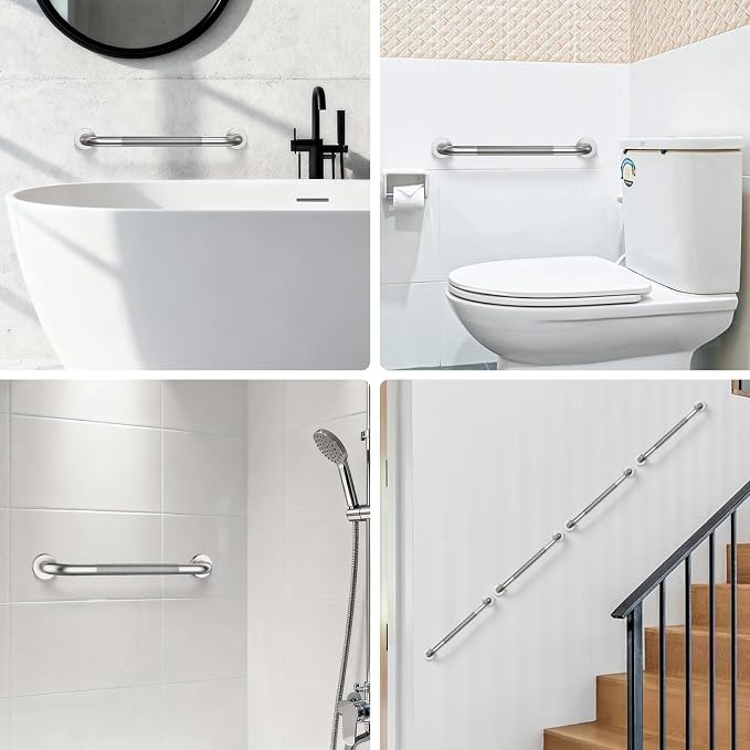 ZUEXT 16 Inch Brushed Nickel Anti Slip Shower Grab Bar with Knurled Grip | Bathroom Balance Support Rail, Assist Handle for Handicap Elderly Seniors, Wall Mounted Stainless Steel Bath Safety Handrail