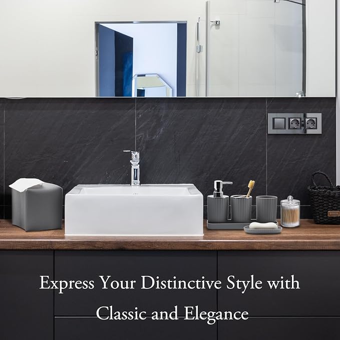 Bathroom Accessory Set, 10 Piece Grey Bathroom Set Complete | Includes Trash Can, Soap Dispenser, Toothbrush Holder, Soap Holder, Tumbler, Toilet Brush, Tray, Qtip Holders, Tissue Cover