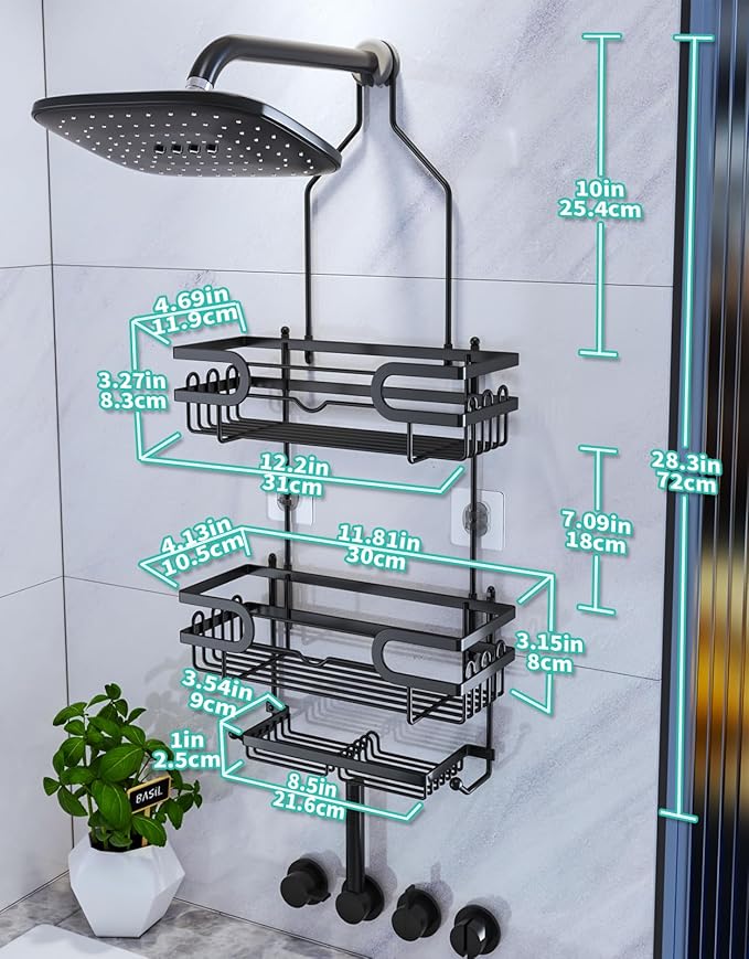 HapiRm Bathroom Hanging Shower Caddy - Rustproof & Waterproof Shower Shelf with 12 Hooks and 2 Soap Holders, No Drilling Bathroom Organizers and Storage - Black