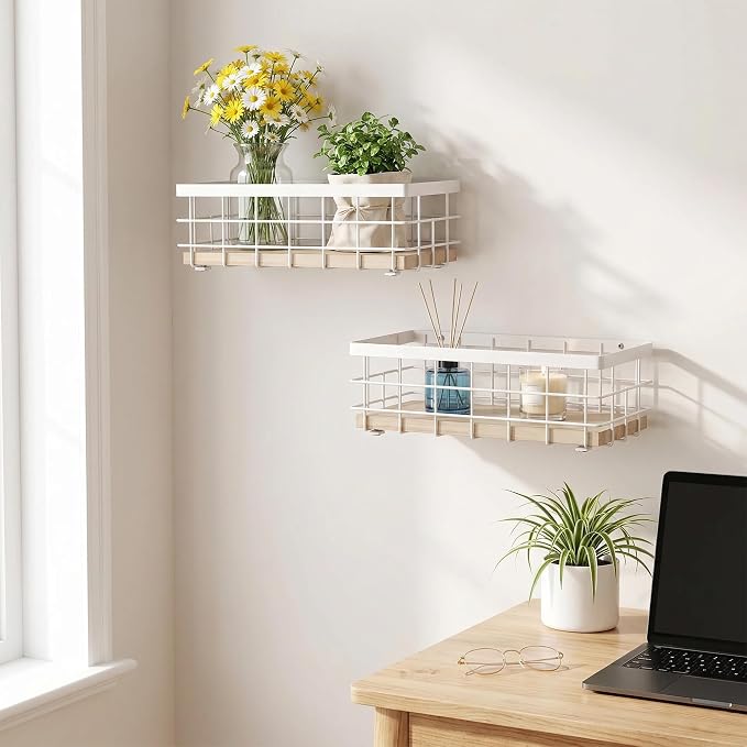 TJ.MOREE Small Metal Wire Basket, Decorative Wood Base Organizer for Bathroom, Kitchen, Basket for Toilet Paper Storage, Sugar Packet, Coffee Syrup, Guest Towel Napkin, White 2-Pack