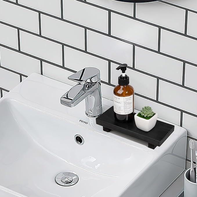 Bathroom Tray Wood Riser Kitchen Decor Soap Holder, 8.7" x 3.6" Black | Waterproof, Easy Clean, Wooden Pedestal Stand Accessories for Office Desk, Bathroom, Vanity, Counter, Sink