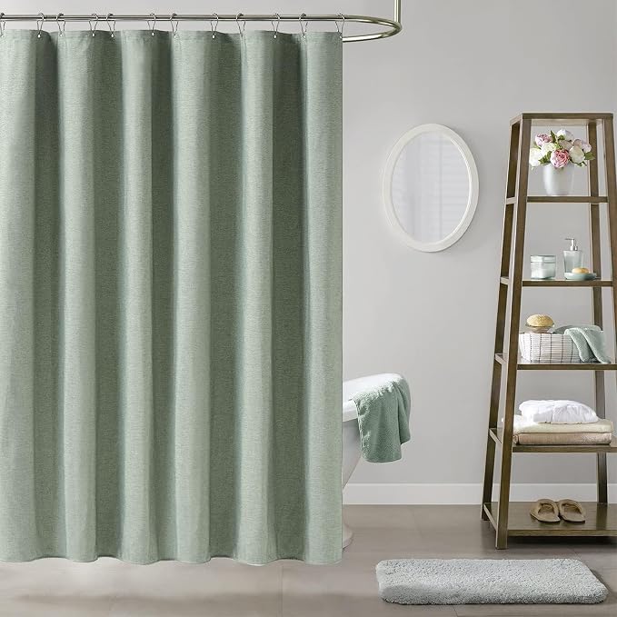 84x72 Wide Linen Textured Waterproof Cloth Shower Curtain, Sage Green | Wide Size, 230GSM Polyester, Heavy Duty Fabric, Weighted Hem, 14 Plastic Hooks, Modern Luxury Hotel Style, Machine Washable