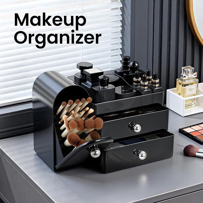 Makeup Organizer Countertop with Makeup Brush Holder,Black | Waterproof,Dustproof,Clear Drawer,Large Capacity,Storage Lipstick,Perfumes,Skincare for Vanity,Bathroom Countertop,Desk,Gift