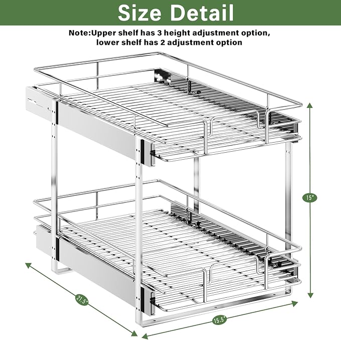 LOVMOR 2 Tier Individual Pull Out Cabinet Organizer 15½" W x 21½" D, Slide Out Kitchen Cabinet Storage Sliding Shelves