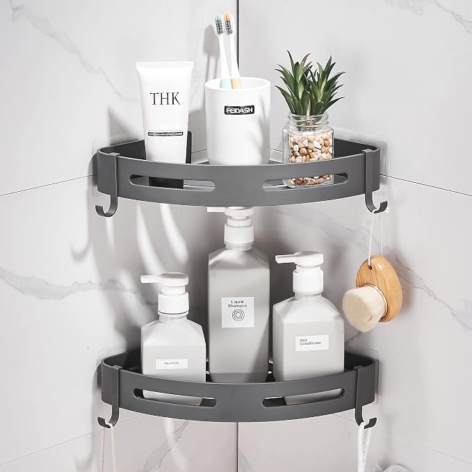 2-Tier Corner Shower Shelf, Dark Grey | No Drilling Bathroom Shelves Shower Caddies Adhesive Bath Corner Shelf Wall Mounted Bathroom Shower Caddy Organizer